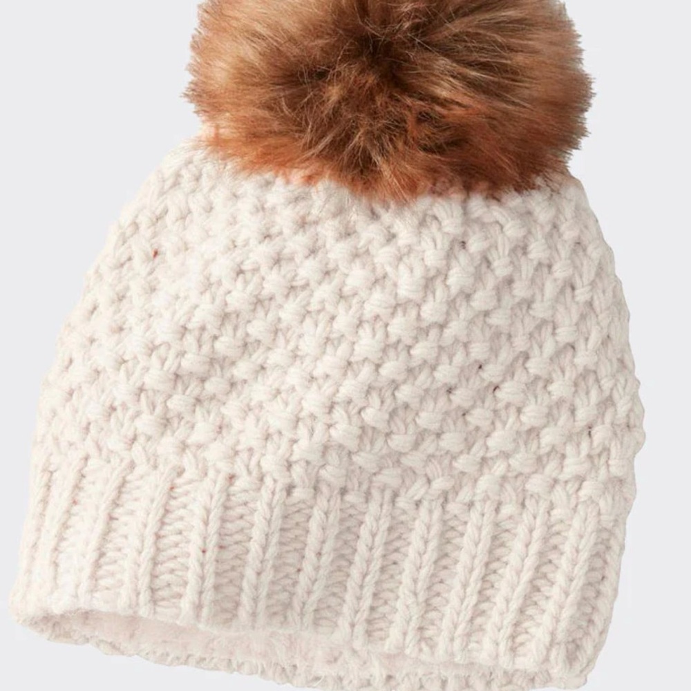White Cream Knit Merino Wool X Beanie with Brown Pom Pom